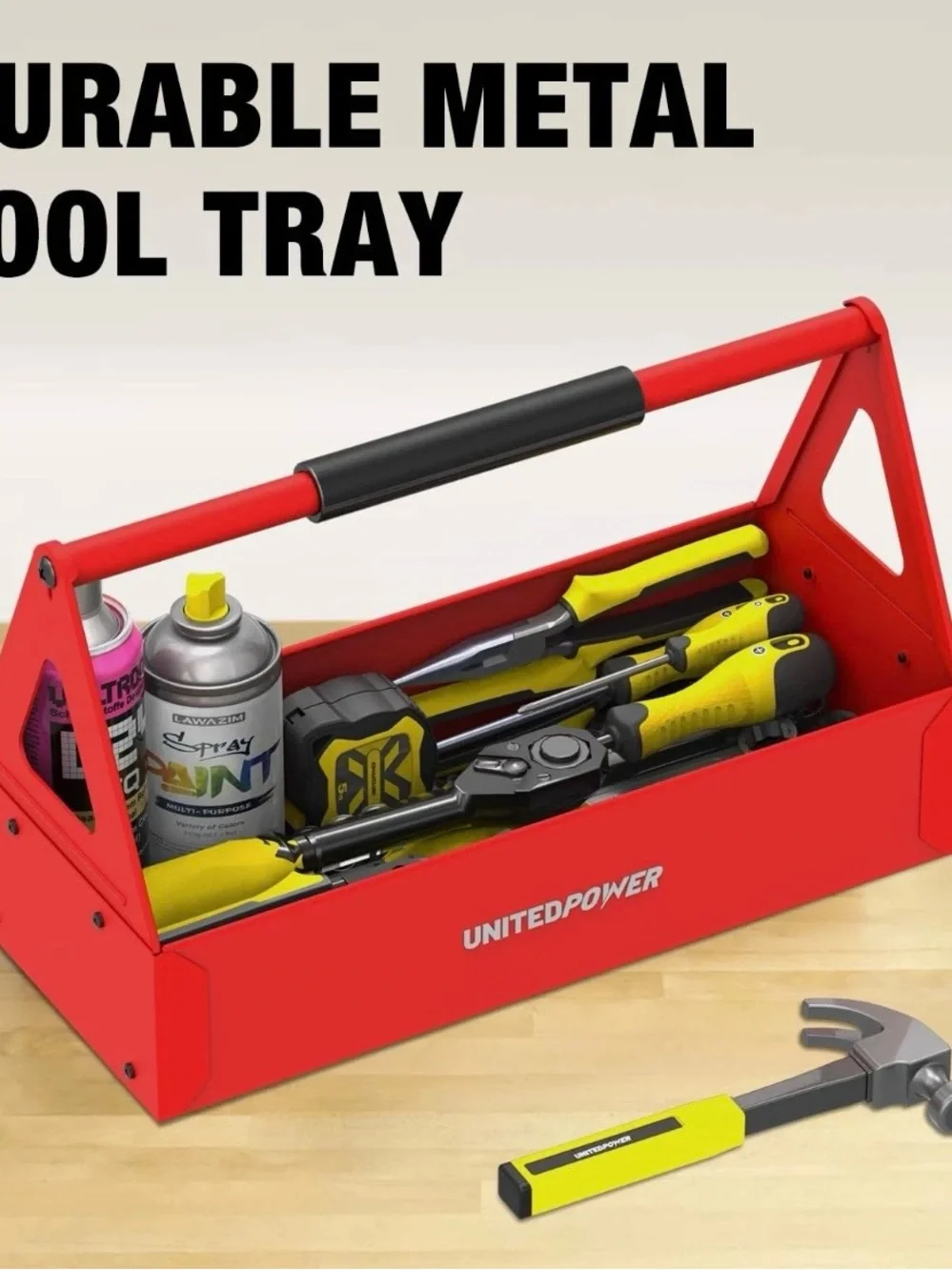 UNITEDPOWER Handy Tool Box, Portable Metal Tote Tray w/ comfortable grip